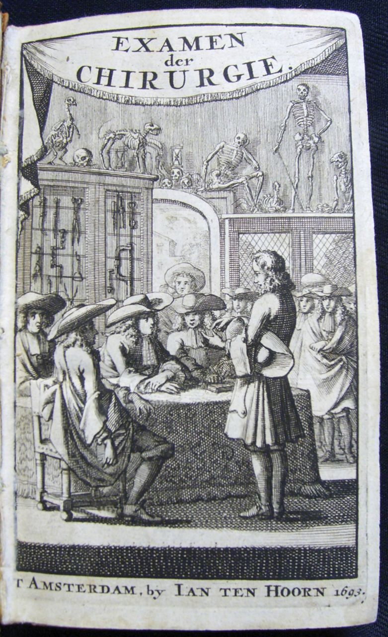 Fig. 6 
          Master-exam (examination in surgical training) in which the examinee is standing in front of the guild members. The cabinets with surgical instruments and osteology collection of the guild are clearly visible in the background of the drawing. FromtNieuwe examen der chirurgie, by De Bout (1693).9 Courtesy of University Library of Amsterdam, special collections (OTM: OK 61-1920 (1)).
        