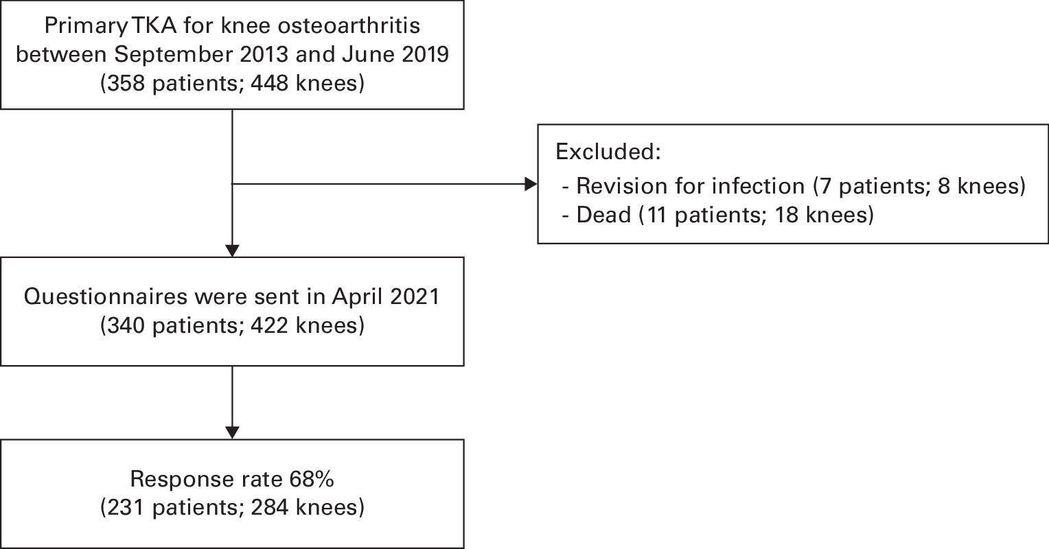 Fig. 2 
            Flow diagram of patient selection for the analyses. TKA, total knee arthroplasty.
          