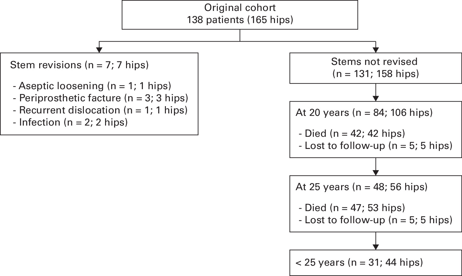 Fig. 2 
          The cohort showing the breakdown of the number of patients available at 20 and 25 years' follow-up. Seven stems were revised.
        