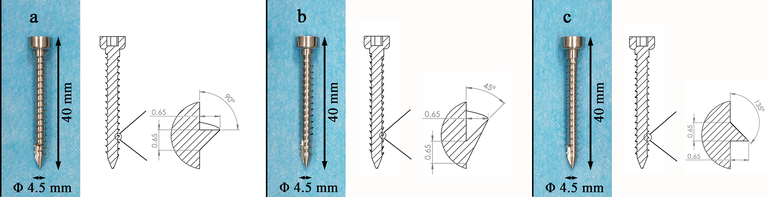 Fig. 1 
            Types of screws analyzed in this study included the a) buttress thread screw, b) barb thread screw, and c) reverse buttress thread screw.
          