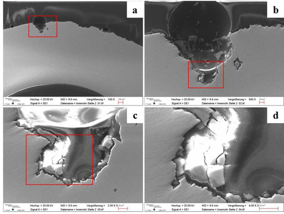 Fig. 9 
            Images taken by scanning electron microscopy (SEM). a) Metallographically prepared cross-section of the position marked in Figure 8a at 100× magnification. b) to d) illustrate the areas marked by the red box of the respective precedent image at a higher magnification ((b) = 500×, (c) = 2000×, (d) = 4000×). The elliptical and wide shallow pits were formed as a result of corrosive attack. The corrosion product can be seen at the edges of the pit. No intercrystalline corrosion was detectable. All images were taken at a working distance of 9.5 mm.
          