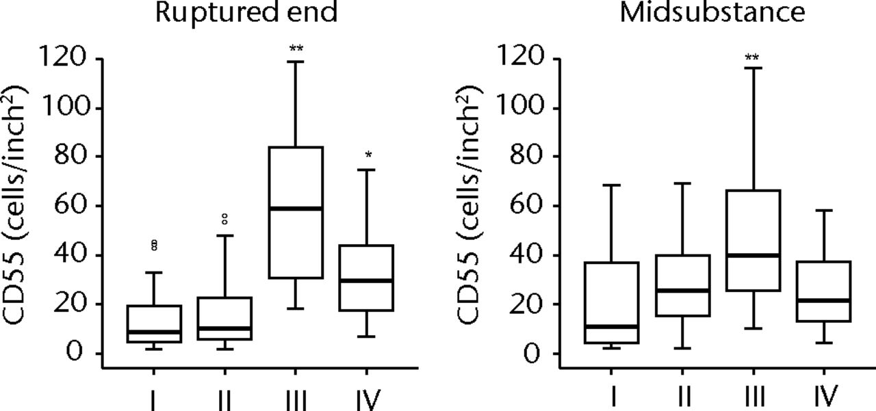 Figs. 2a - 2c 
            
              Figure 2a – haemotoxylin and
eosin staining (H &
 E) and cell distributions positive for CD68,
CD55, Stat3 and P-Stat3 of the ruptured end of the ligament in each
phase. Figures 2b and 2c – box plots showing quantification using
ImageJ software of b) the CD55 positive area and c) the P-Stat3
positive areas for the ruptured and mid areas of the ligament for
each phase. The box represents the median and interquartile range,
the whiskers the 10th and 90th percentiles and ° the outliers (*,
significant difference (p <
 0.01) compared with phases I and
II; **, significant difference compared with phases I, II and IV).
          