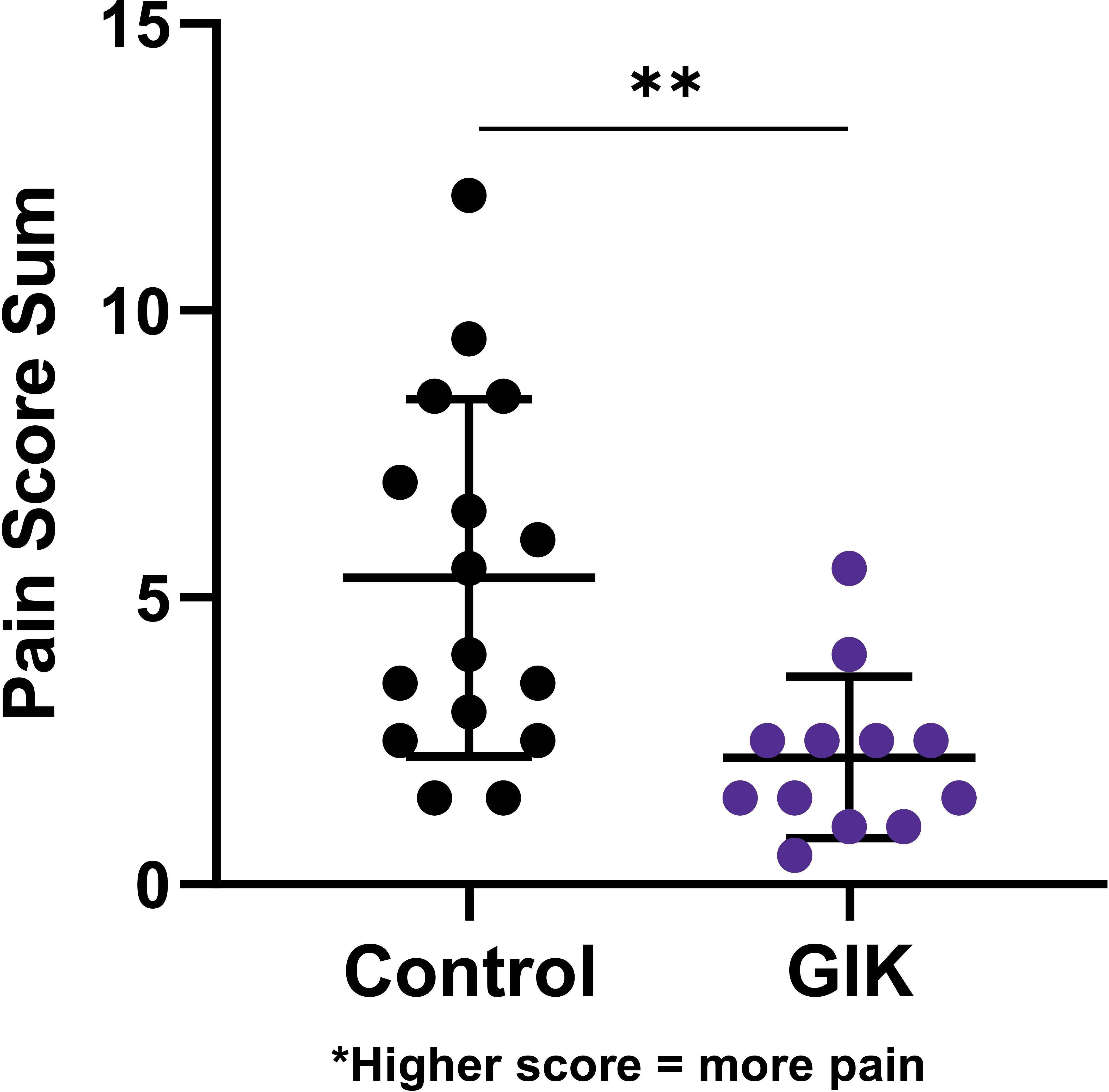 Fig. 4 
          Pain score analysis by murine ethogram calculated 24 hours after tourniquet release, demonstrating significantly less pain in the glucose-insulin-potassium (GIK) cohort compared to the control cohort (5.34/13 (n = 16) vs 2.21/13 (n = 12), p = 0.003, independent-samples t-test). A higher score represents more pain.19 **p ≤ 0.01.
        