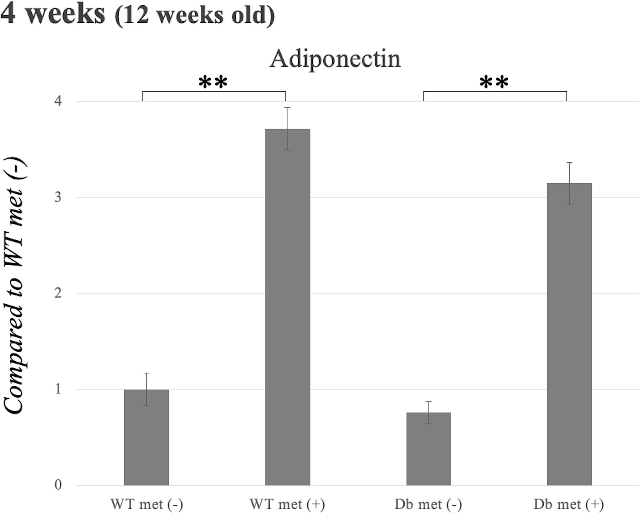 Fig. 6 
            In vivo expression analysis of adiponectin. The analysis was performed in vivo to determine the effect of metformin in visceral fats of wild-type (WT) and diabetic (Db) mice at four weeks of metformin treatment. Data are expressed as mean and standard error of the mean (SEM). *p < 0.05, **p < 0.01, one-way ANOVA with Tukey’s post-hoc analysis; n = 6.
          