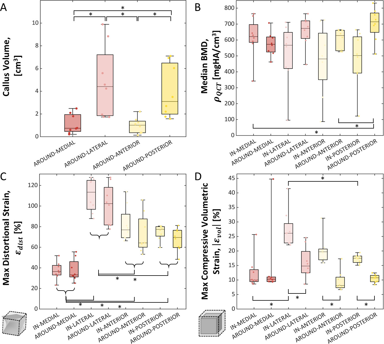 Fig. 6 
            Strain and mineralization metrics by zone and quadrant for all animals: a) callus volume, b) median bone mineral density (BMD), c) distortional strain, and d) volumetric strain. Strains tended to be higher in the gap compared to around, and BMD tended to be lower.
          