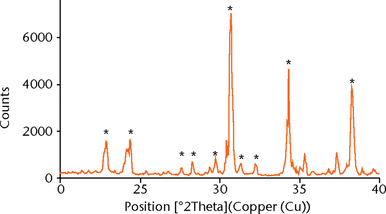 Figs. 1a - 1b 
            
              Figure 1a – plot showing characterisation
of α-tricalcium phosphate (α-TCP), with the X-ray diffraction pattern
of α-TCP sintered at 1400°C. The asterisks denote α-TCP. Figure
1b – scanning electron microscopy image of α-TCP at × 60 000 magnification.
          