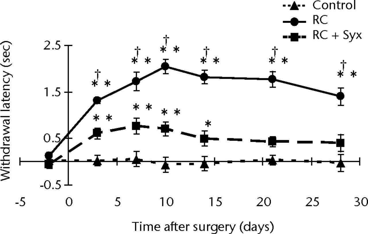 Figs. 1a - 1b 
            Graphs showing the mean responses
to a) mechanical stimulation, with the root constriction (RC) group
showing mechanical hypersensitivity from three to 28 days post-operatively
surgery, but significant reduction of hypersensitivity in the RC
+ sympathectomy (RC+Syx) group, and b) thermal stimulation, with
the RC group showing thermal hypersensitivity from three to 28 days
post-operatively, again with the hypersensitivity significantly
reduced in the RC+Syx group. Mechanical hypersensitivity from three
to ten days post-operatively and thermal hypersensitivity from three
to 14 days post-operatively was not completely reduced compared
with the control group. Error bars denote the standard error of
the mean (* p <
 0.05 versus control; ** p <
 0.01 versus control;
† p <
 0.05 versus RC+Syx).
          