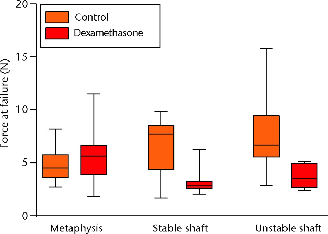 Fig. 3 
            Graph demonstrating that the dexamethasone
had different effects on force at failure in the metaphysis and
the shaft. In the metaphysis an 18% increase (p = 0.049), and in
the stable and unstable shafts, a decrease by 50% and 51% (p = 0.02
and p = 0.003). There was no discernible difference between the
effect on the stable and the unstable shaft fractures.
          