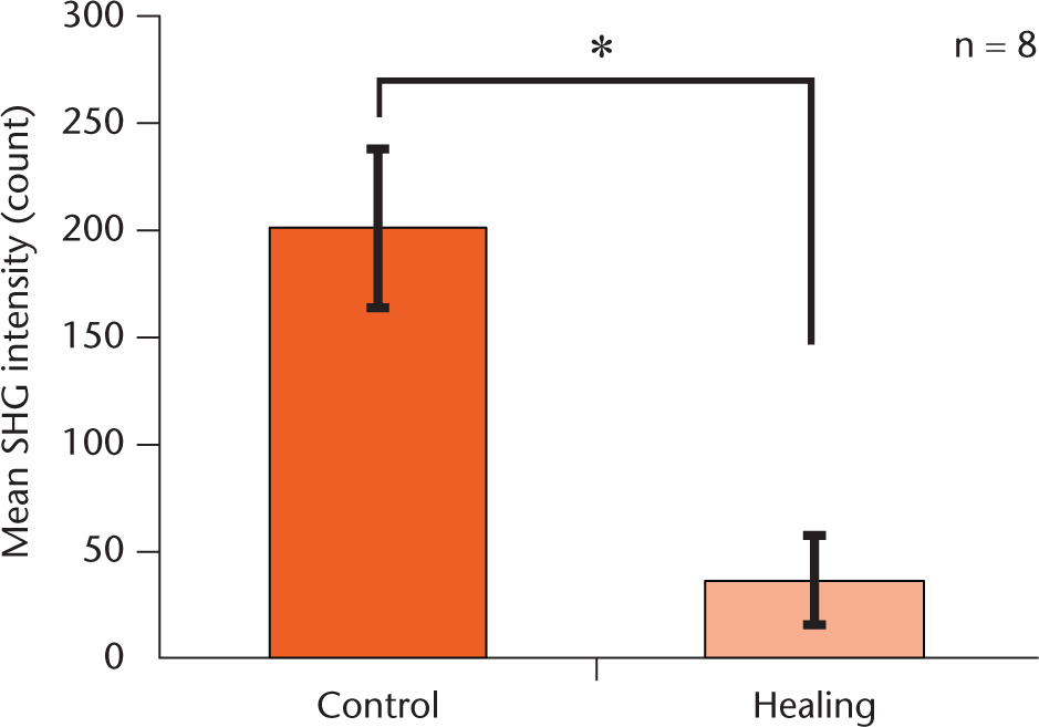 Fig. 4 
            Comparison of mean second-harmonic-generation intensity between the control (n = 8) and the healing samples (n = 8). Error bar shows the standard deviation of the data. *p < 0.001 (Student’s t-test).
          