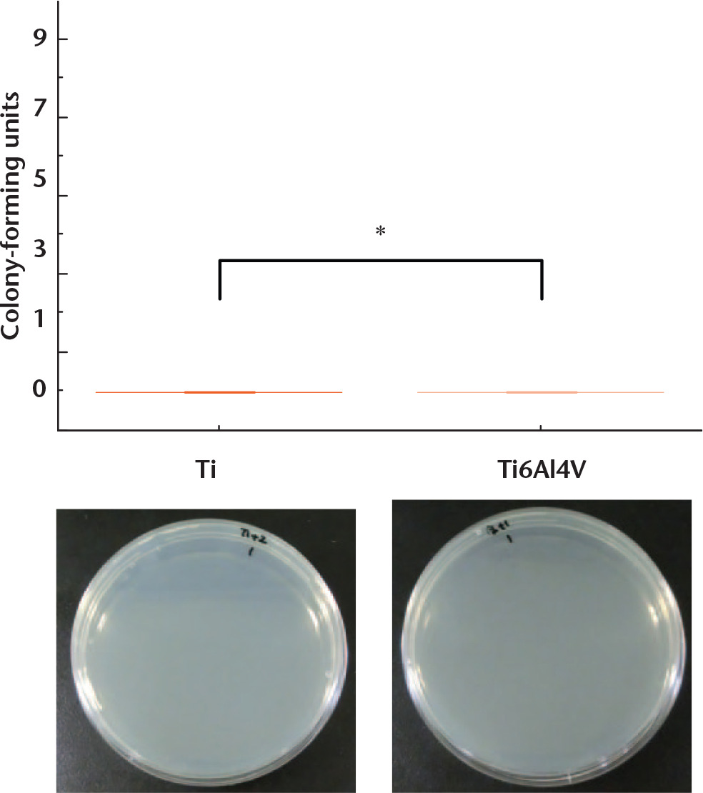 Fig. 2 
            Number of colonies when bacterial seeding was followed by UV irradiation. No colonies were observed on the nutrient medium for either substrate (titanium (Ti), n = 6; Ti6Al4V, n = 6) (*not significant).
          