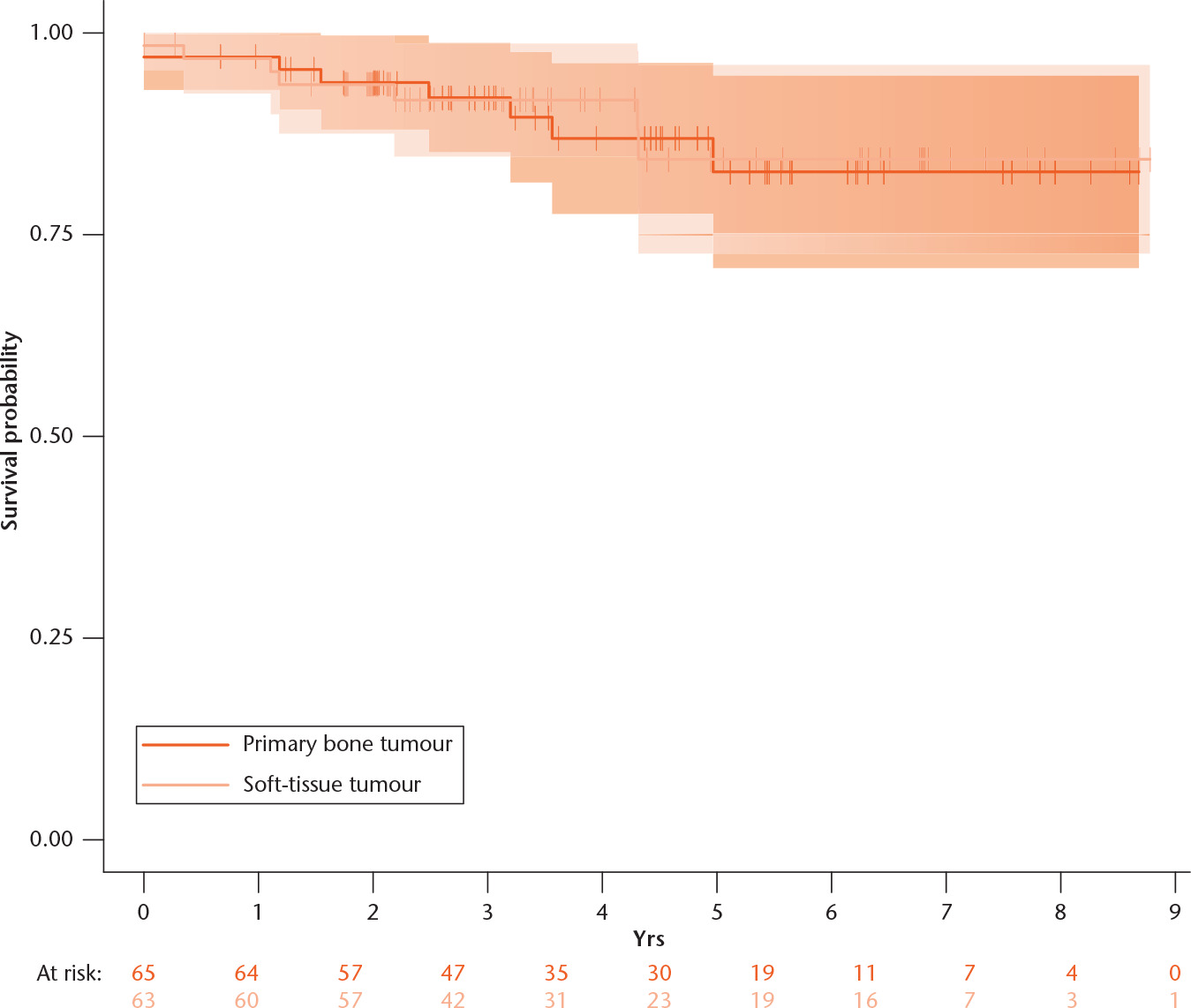 Fig. 6 
            Graph showing the metastatic free Kaplan-Meier Aalen-Johansen survival of 131 patients under surveillance with high-grade sarcoma of the extremities Log-rank: p = 0.9.
          