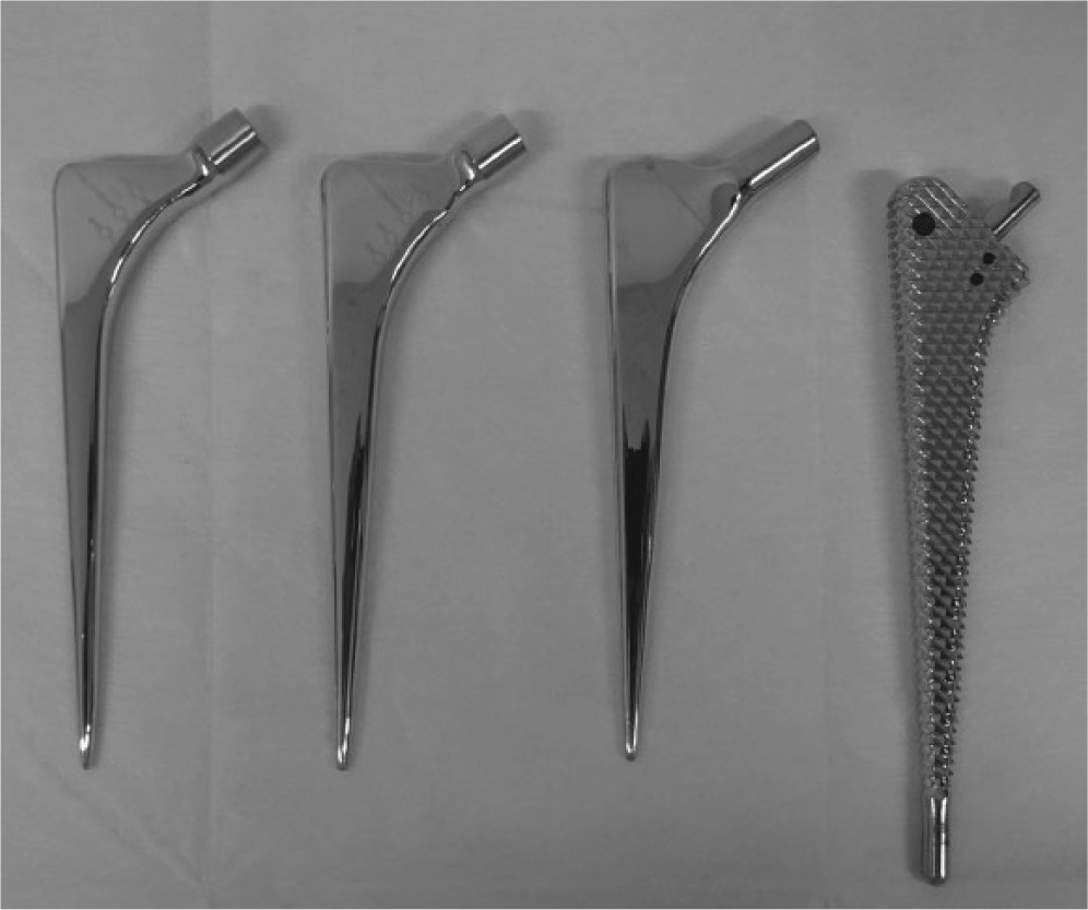 Fig. 1 
            CPT stems and No. 3 rasp. These are CPT stem sizes small, medium and large, respectively, from the left (right, the No. 3 large rasp).
          