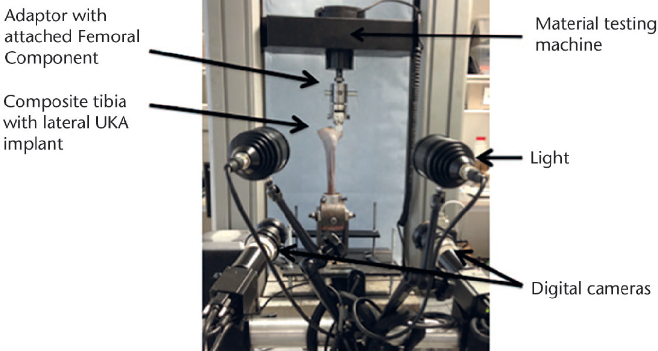 Fig. 2 
          Experimental setup for Digital Image Correlation (DIC) experiment. The speckle-painted composite tibia with tibial implant in situ is positioned vertically under the materials testing machine load cell. The load cell is fitted with an adaptor for a femoral unicompartmental knee arthroplasty component. The DIC apparatus includes two halogen lamps and two digital cameras set up at a 60° angle to each other.
        