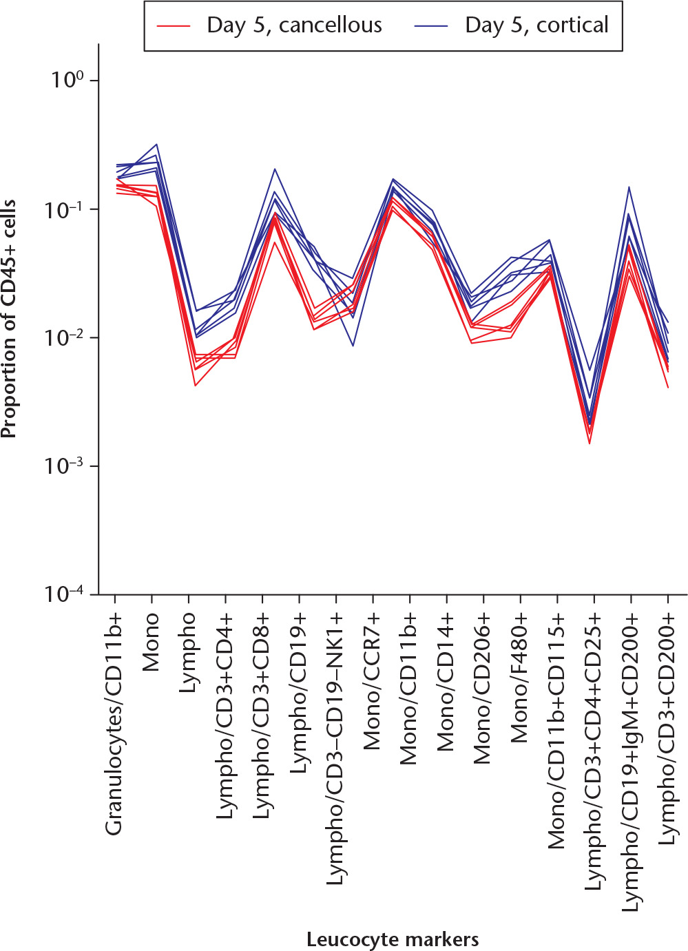 Fig. 4 
          A graph showing cellular responses in the cancellous and cortical models at day 5 adjusted for the increase in granulocytes in the cancellous model. Markers were related to the sum of CD45+ cells (doublet/live/CD45+) subtracted by the granulocyte count (doublet/live/CD45+ minus doublet/live/CD45+/granulocyte-). Each red line indicates a mouse with cancellous injury and each blue line indicates a mouse with a cortical defect. The differences in cell populations remain after taking the difference in numbers of granulocytes into account.
        