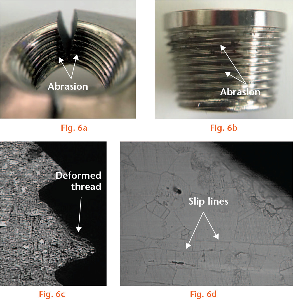  
            Local work hardening caused by mechanical loading. (a) Coarse abrasive marks on screw holes. (b) Coarse abrasive marks on plug. (c) Local thread deformation. (d) Metallography showing slip lines at the abrasion regions.
          