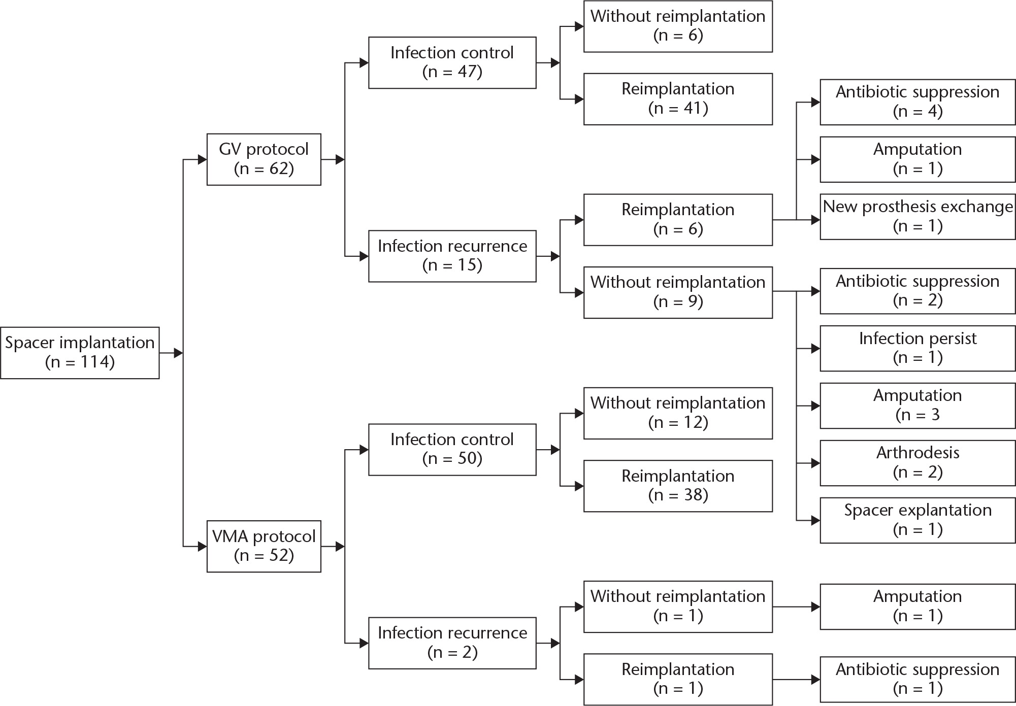 Fig. 1 
            The outcome flowchart of 114 prosthetic joint infection (PJI) cases treated with different antibiotic-loading protocols. The results shown in this flowchart were obtained at the last follow-up. GV, gentamicin and vancomycin; VMA, vancomycin, meropenem, and amphotericin.
          