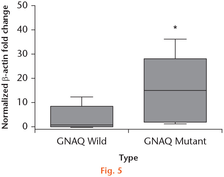 Fig. 5 
            Expression of receptor activator of nuclear factor-κB ligand (RANKL) in patient-derived tumour tissue extracted from metastatic bone cancer. RANKL expression was significantly different between samples from patients with guanine nucleotide-binding protein G(q) subunit alpha (GNAQ) wild-type and GNAQ mutant groups. Error bars represent mean (SD). *p < 0.010, paired t-test.
          