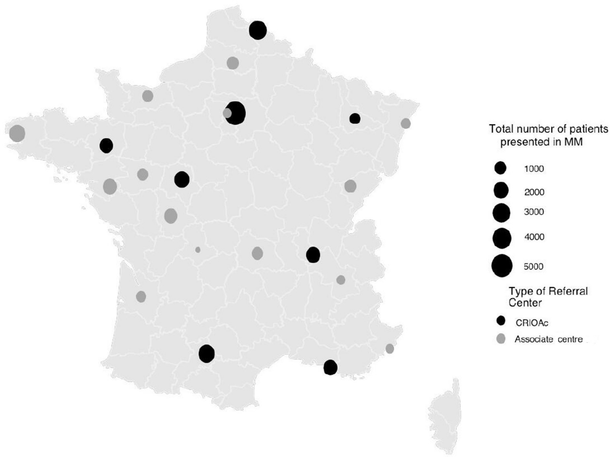 Fig. 1 
            Map of referral centres for bone and joint infections in France. Total number of patients presented in multidisciplinary meetings (MM) between 2012 and 2016 in the nine CRIOAcs ("Centre de Référence pour les Infections Osteo-Articulaires Complexes") and the 15 associate centres.
          