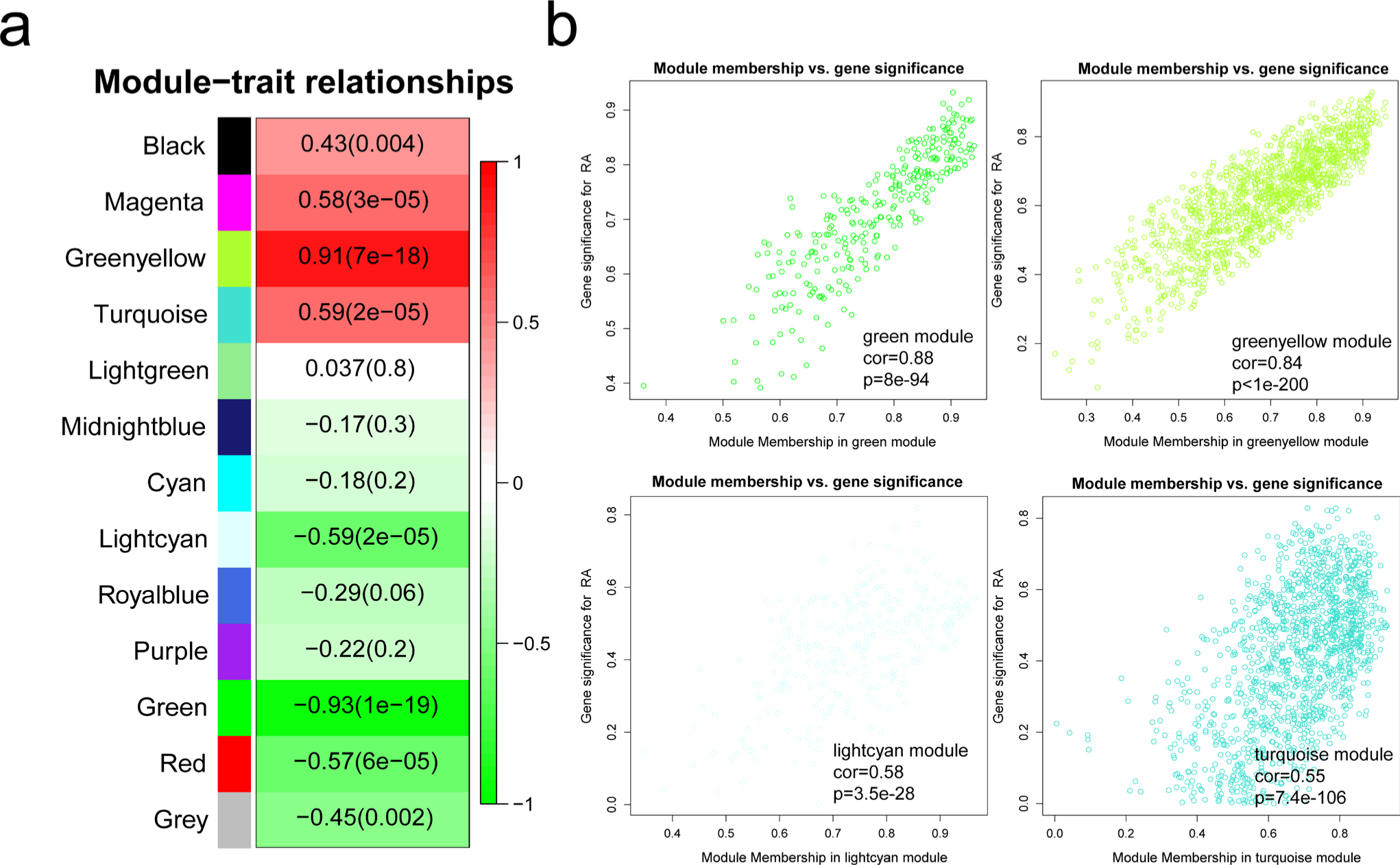 Fig. 3 
            Identification of modules associated with rheumatoid arthritis (RA). a) Heatmap of the correlation between module eigengenes and RA. The value in each square and the p-value in parentheses reflect the correlation coefficient between the module eigengene and RA. b) Scatter plot for correlation between gene significance (GS) and gene module membership (MM) in RA-related modules (green, greenyellow, lightcyan, and turquoise). All p-values were calculated using one-way analysis of variance and Pearson correlation coefficient.
          