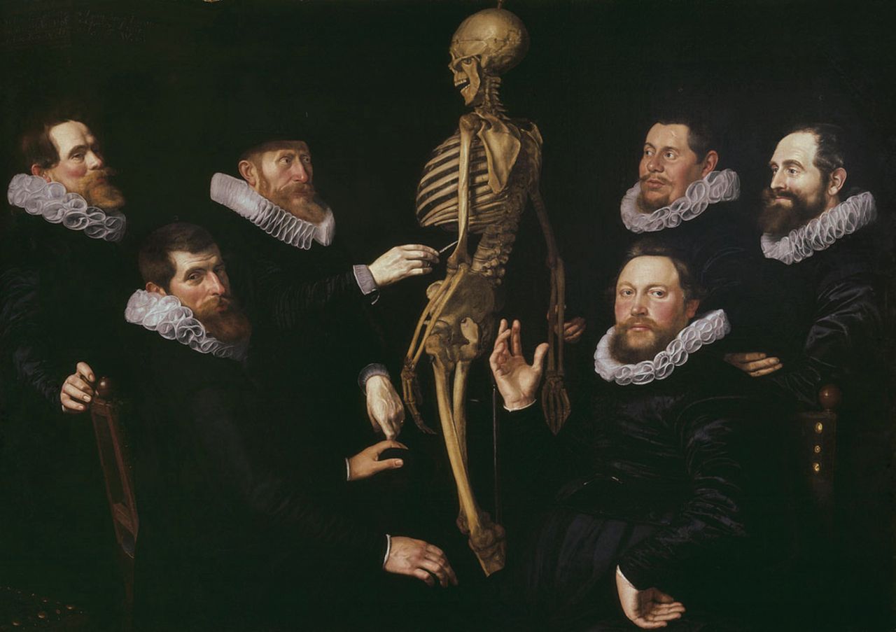 Fig. 1 
          TheOsteology Lesson of Dr. Sebastiaen Egbertsz, 1619 painted by Thomas de Keyser. Dr Sebastiaen Egbertsz (1563 to 1621) is standing on the left side of the skeleton and demonstrates the lower rib. Courtesy of the Amsterdam Museum.
        