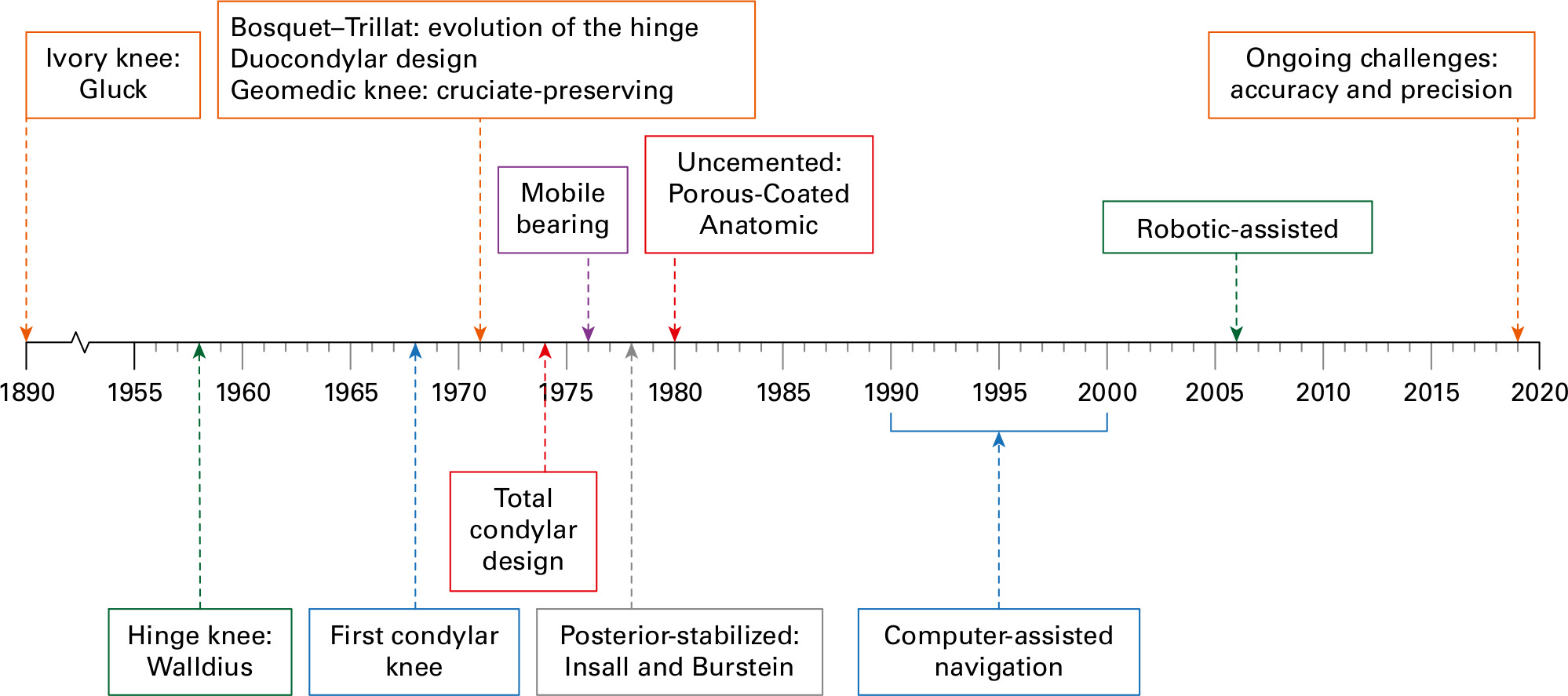 Fig. 1 
          A timeline showing important events in the history of total knee arthroplasty.
        