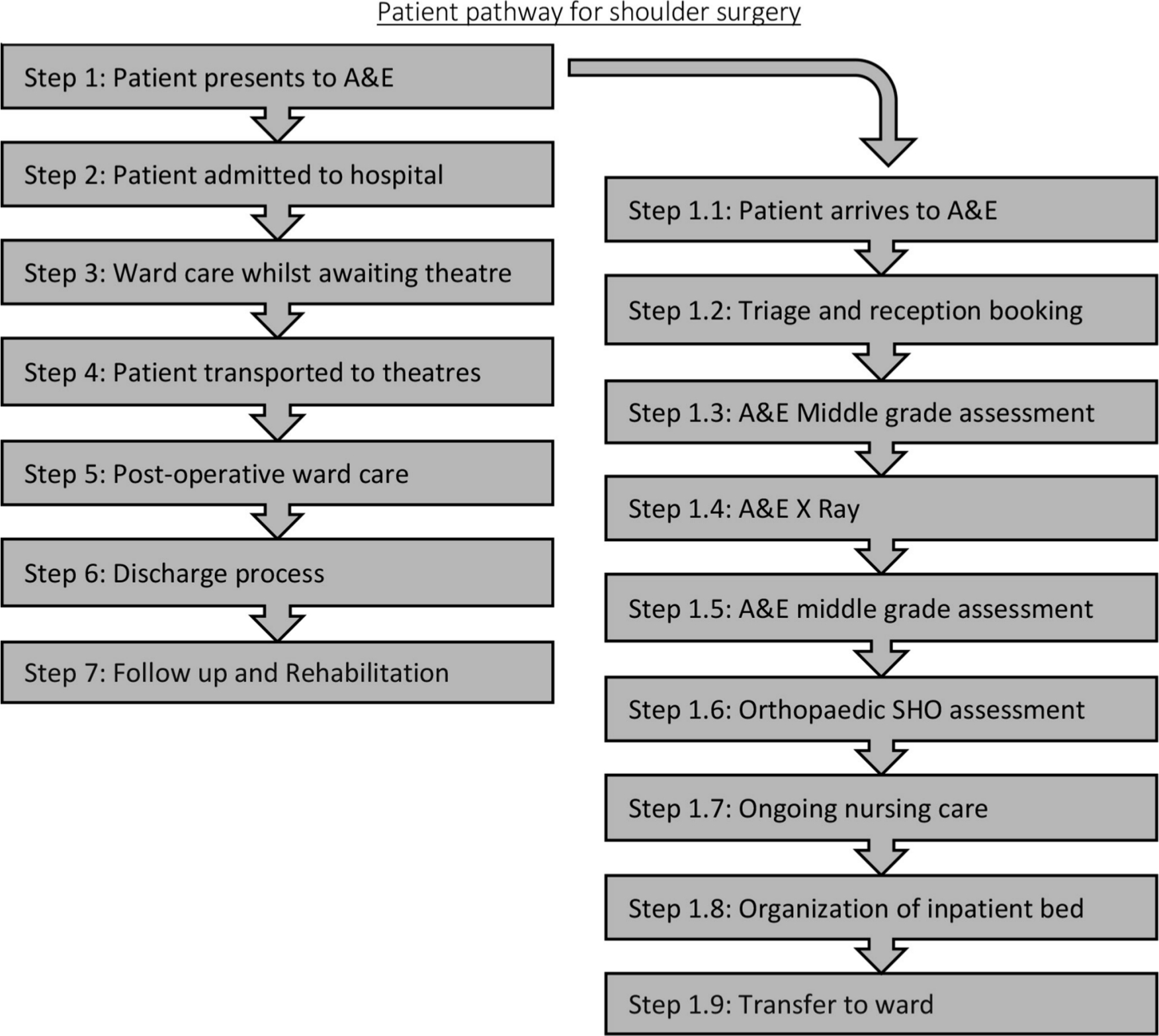 Fig. 1 
          Pathway showing breakdown of one stage of the patient pathway. This was used to calculate staffing costs within the pathway and identify materials used. A&E, accident and emergency; SHO, senior house officer.
        