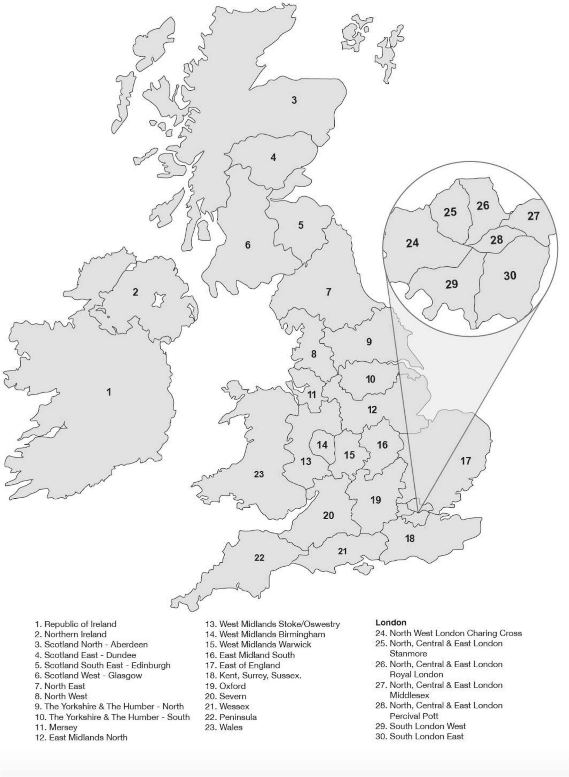 Fig. 7 
            Geographical distribution of training programmes in the UK and RoI.
          