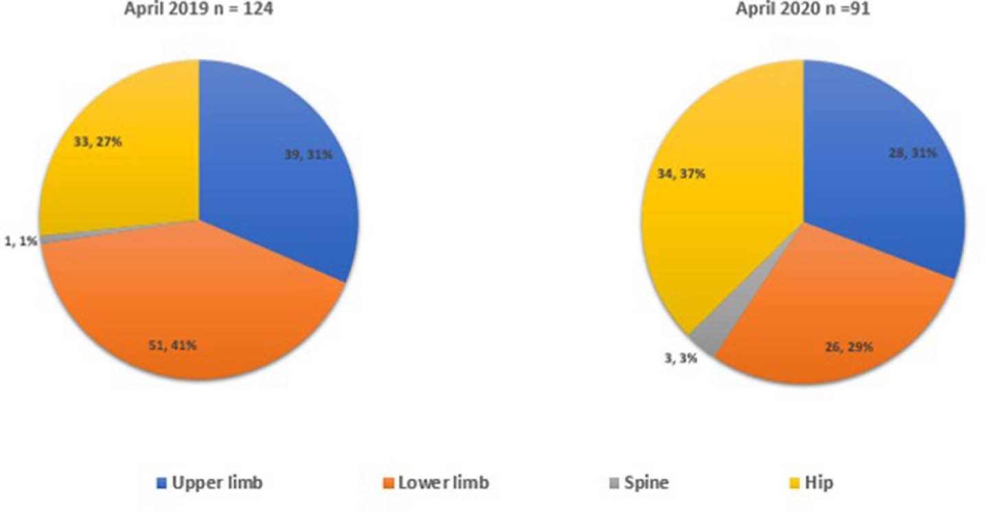 Fig. 2 
            Pie charts demonstrating site of operations during April 2019 and April 2020.
          