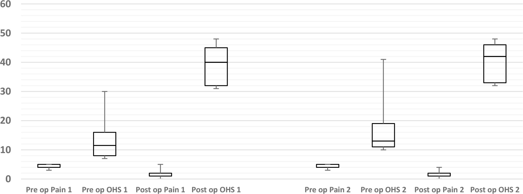 Fig. 2 
          Changes in pain score and Oxford Hip Score (OHS) pre- and postoperatively following total hip arthroplasty. Pre- and postoperative differences all p < 0.001.
        