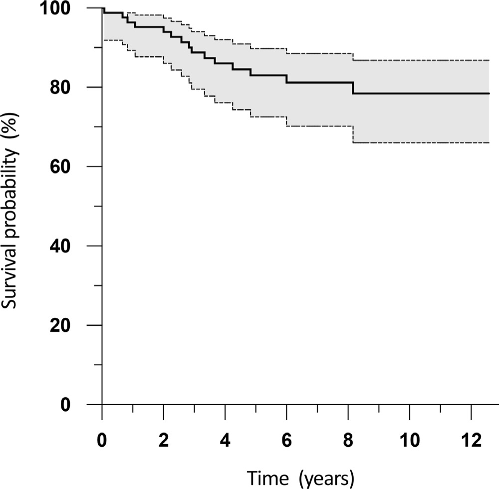 Fig. 4 
          Kaplan-Meier survival analysis following single-stage revision total knee arthroplasty for infection, with reoperation for any indication (including aseptic failure or reinfection) as the endpoint. The shaded area indicates the 95% confidence interval.
        