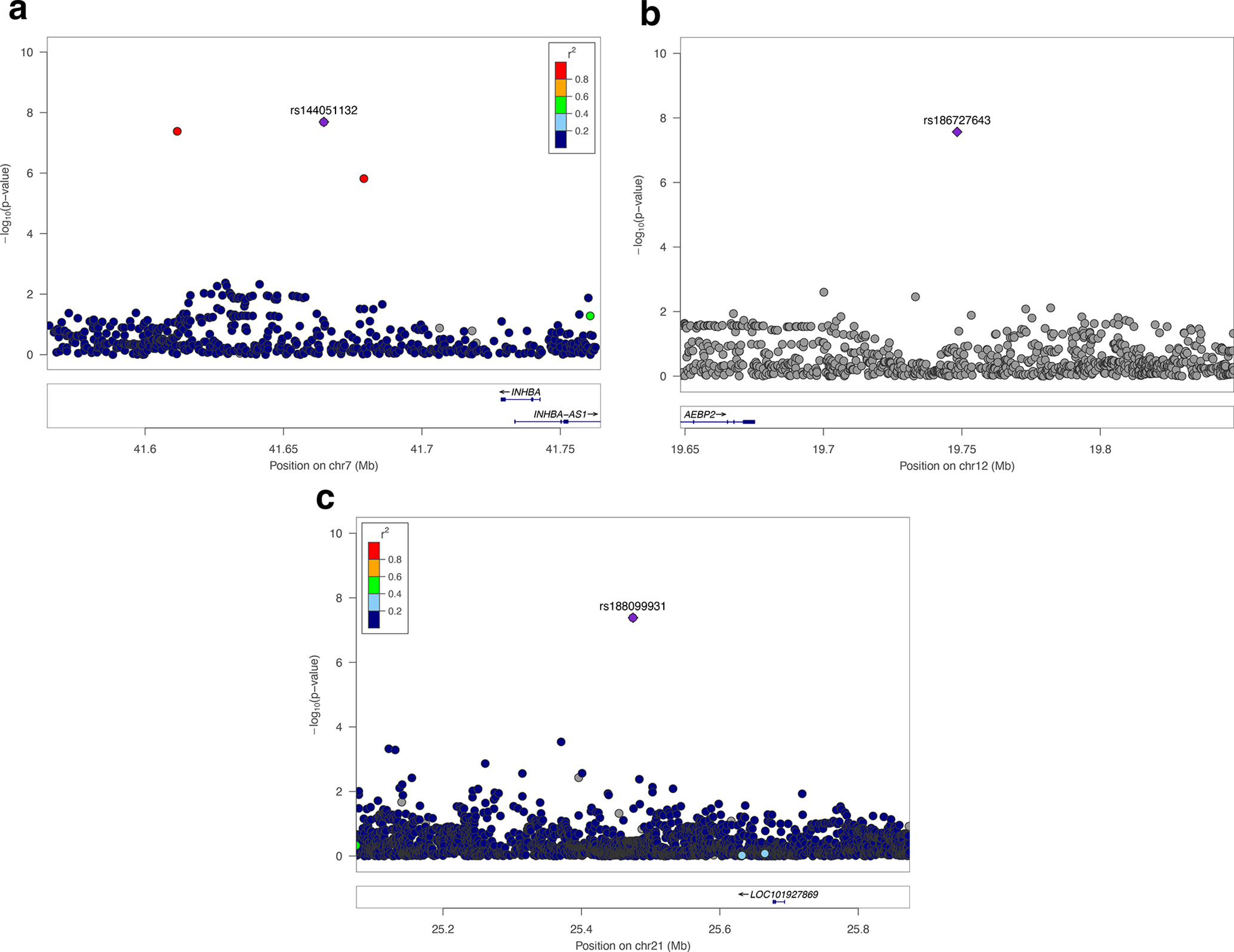 Fig. 1 
            Regional-association plots. Tested SNPs are arranged by genomic position around the lead SNP (purple diamond). The y-axis indicates -log10 p-values for association with ACL and PCL injury for each SNP. The color of dots of the flanking SNPs indicates their linkage disequilibrium (R2) with the lead SNP as indicated by the heat map color key. a) Regional-association plot for rs144051132 with ACL and PCL injury, which is located in the 3’ region of INHBA. b) Regional-association plot for rs186727643 with ACL and PCL injury, which is located in the 3’ region of the AEBP2 gene. c) Regional-association plot for rs188099931 with ACL and PCL injury, which is located in the 3’ region of the LOC101927869 gene.
          