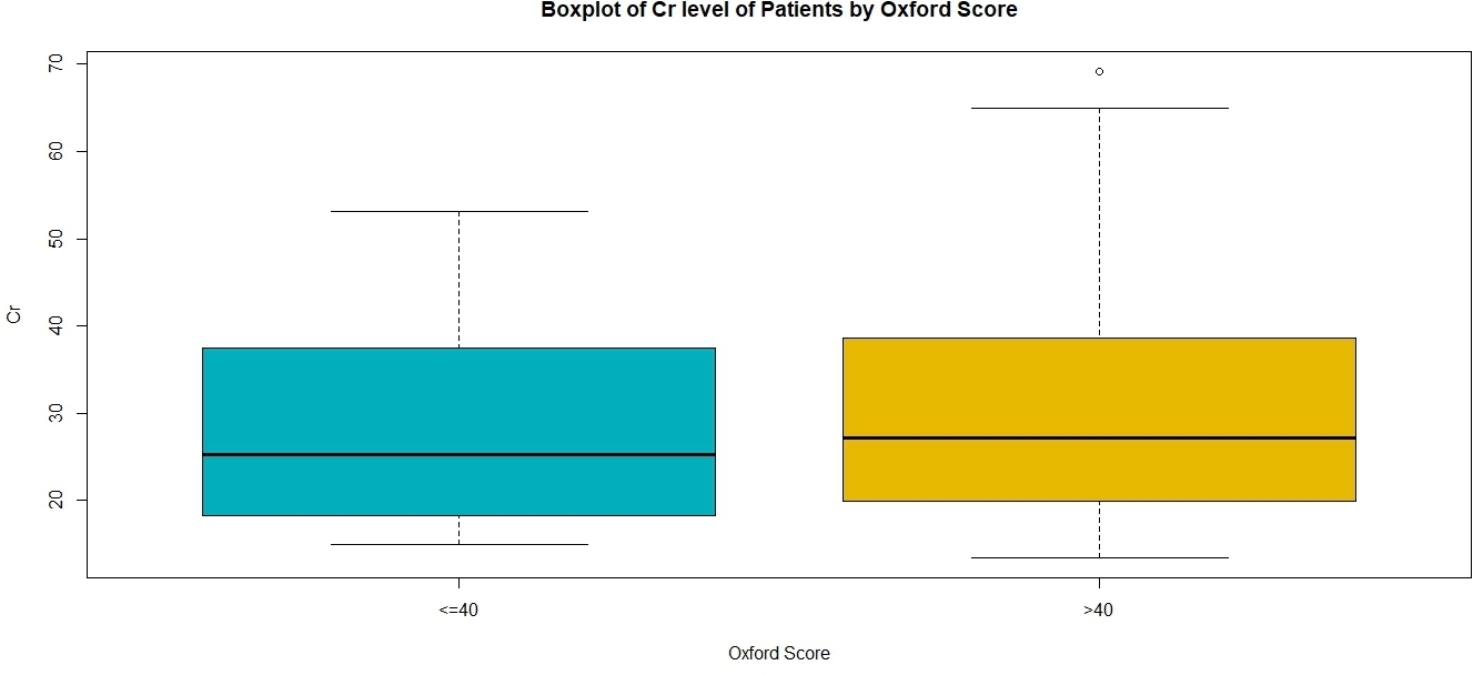 Fig. 3 
          Box plot showing chromium ion levels in patients with Oxford Hip Score ≤ 40 and > 40. The box denotes the interquartile range, the whiskers the 95% confidence interval, the thick black line in the box denotes the median. "o" denotes outlier values. No patient reached the critical value of 134 nmol/l (7 ppb).
        