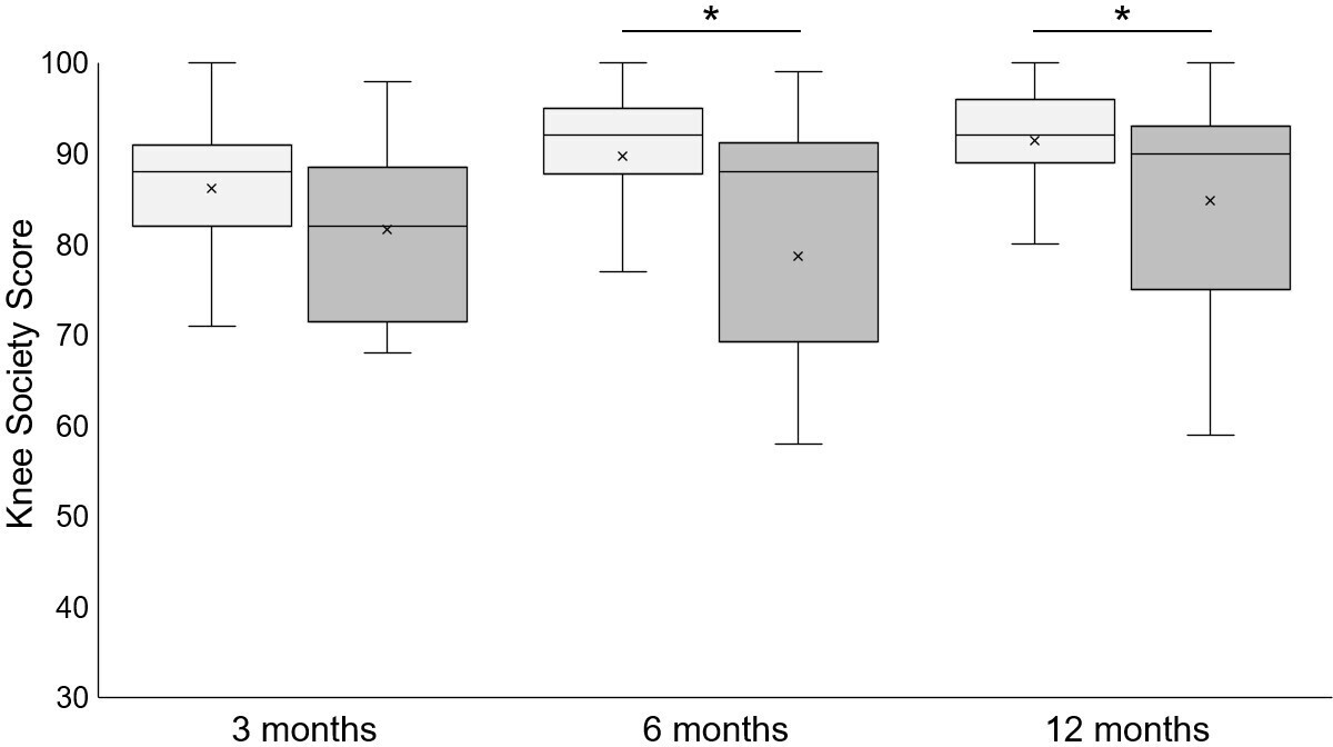 Fig. 4 
          Box plots for Knee Society Score (KSS) at three, six, and 12 months in the retrograde intramedullary nail sub-analysis. Boxes show upper and lower interquartile range with the median indicated by the black horizontal line. * indicates a significant difference between the two groups. There was no significant difference in the mean KSS at three months between the two groups, but the scores at six and 12 months were significantly higher in group S.
        