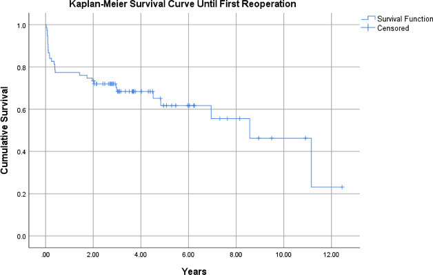 Fig. 3 
            Kaplan-Meier survival curve for all patients status post-distal femoral arthroplasty for non-oncological indications, with endpoint of time until first reoperation for any cause (95% confidence interval 5.81 to 8.66).
          