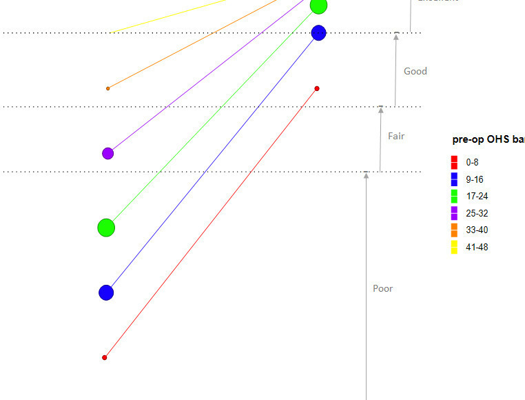 Fig. 3 
          Line chart indicating the change from preoperative to latest Oxford Hip Score (OHS) median scores at minimum four years postoperative by preoperative OHS band with categories.12,21 Size of dots is indicative of sample size.
        