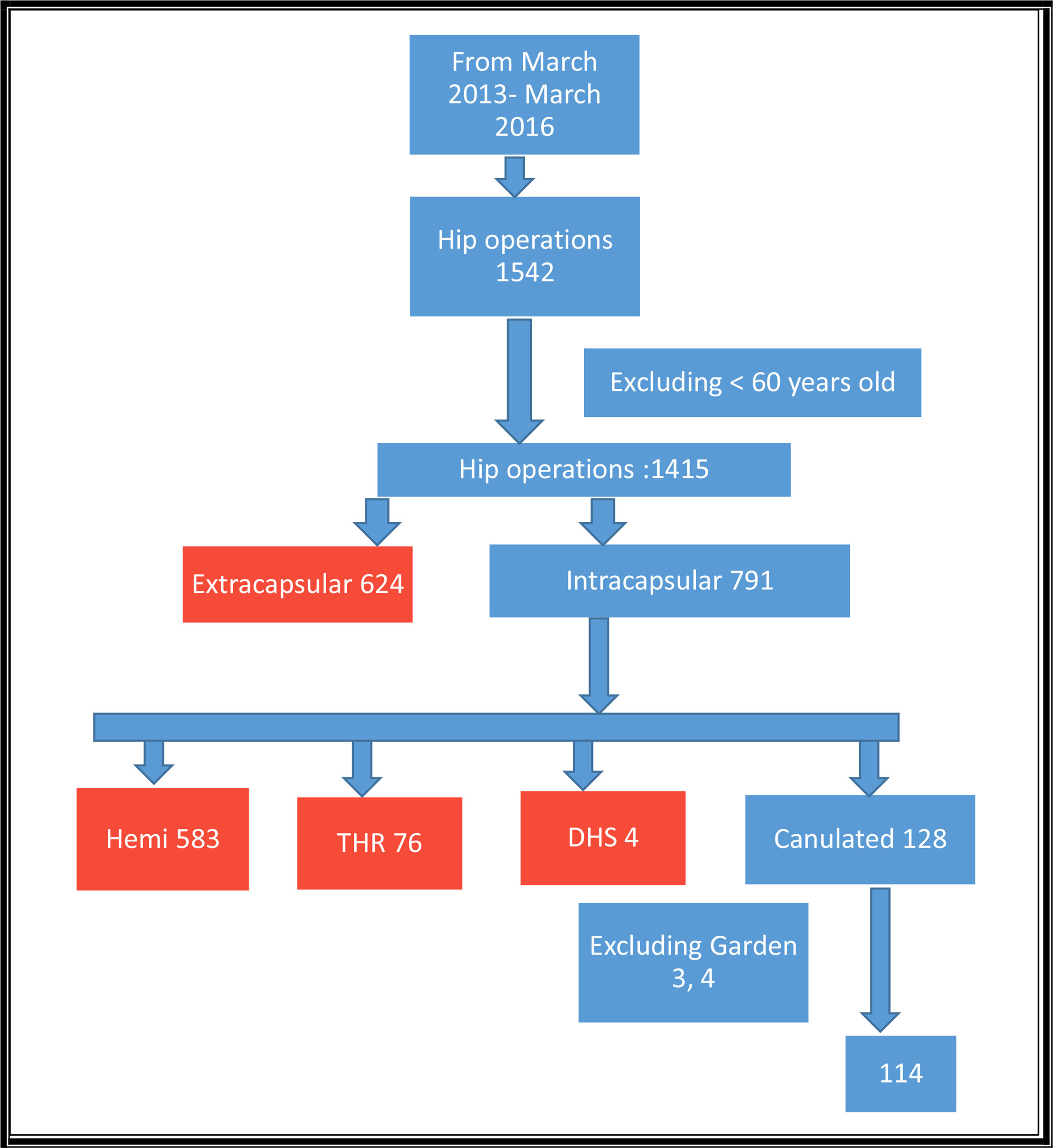 Fig. 2 
          Flowchart of hip operations and exclusions. DHS, dynamic hip screw; hemi, hemiarthroplasty; THR, total hip replacement.
        