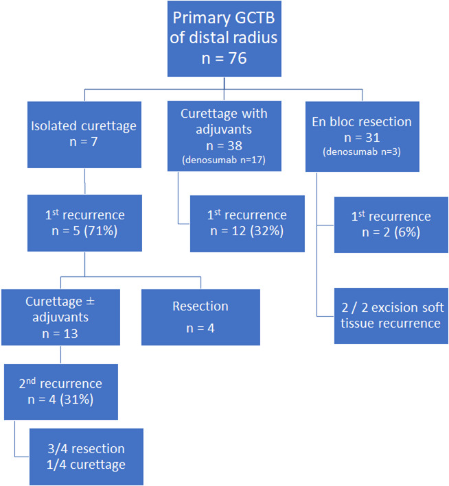 Fig. 6 
            Flowchart of treatment for primary distal radius giant cell tumour of bone and their recurrences.
          