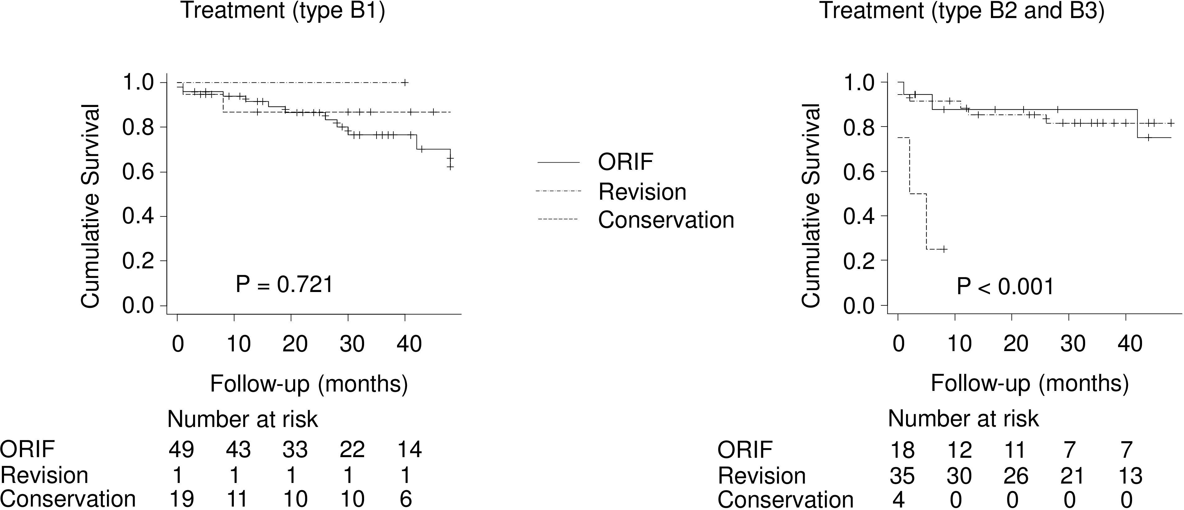 Fig. 4 
          Kaplan–Meier survival curve for patients with Vancouver type B subtypes by type of treatment (open reduction internal fixation (ORIF), revision, and conservation).
        