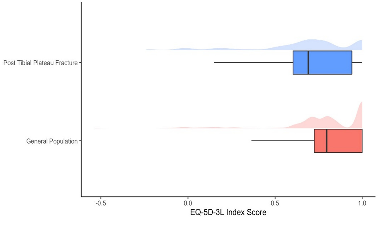 Fig. 4 
            EuroQol five-dimension three-level (EQ-5D-3L) index distributions following tibial plateau fracture compared to propensity score-matched population.
          
