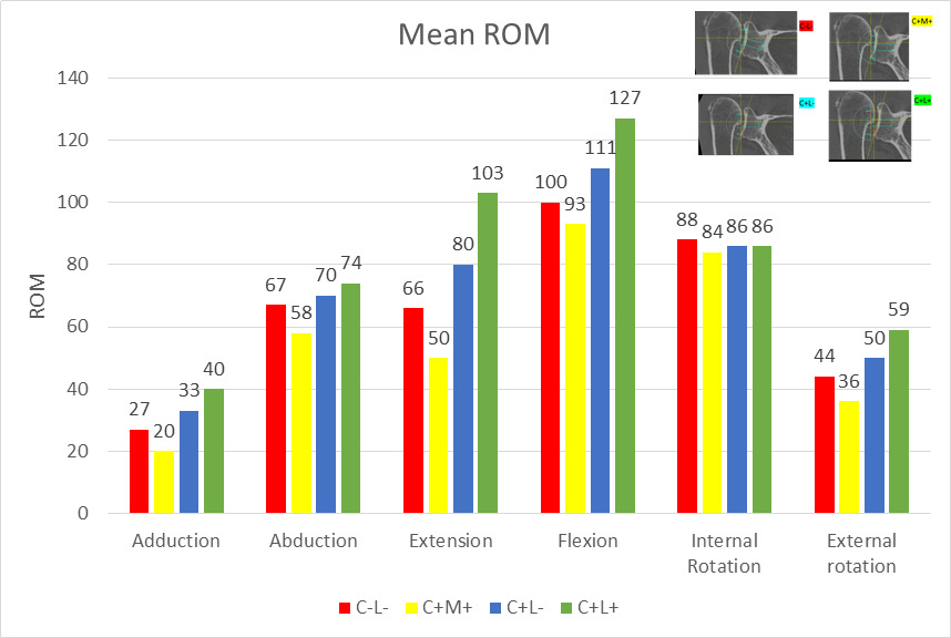 Fig. 4 
          Impingement-free range of motion (ROM)° in each group. C-L-, no correction of the reverse shoulder arthroplasty (RSA) angle and no lateralization; C+M+, medialization with correction of the RSA angle; C+L-, correction of the RSA angle without lateralization; C+L+, correction of the RSA angle with lateralization.
        