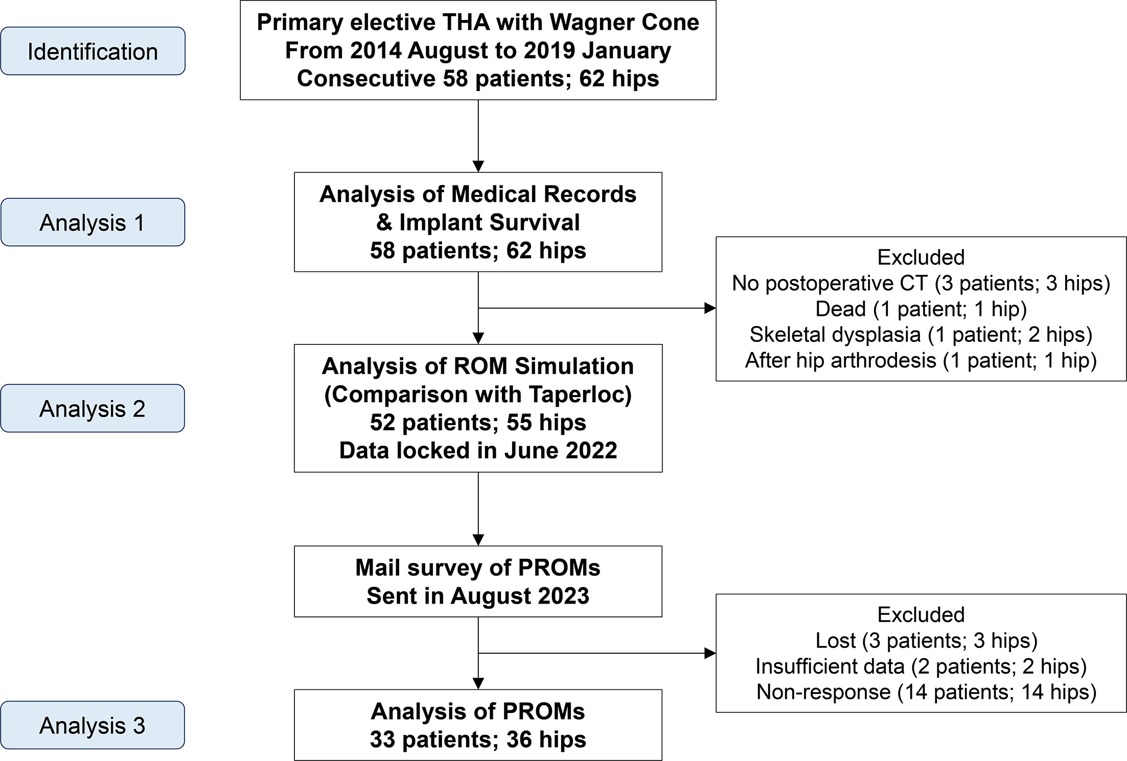 Fig. 1 
            Flow diagram of the study. PROMs, patient-reported outcome measures; ROM, range of motion; THA, total hip arthroplasty.
          