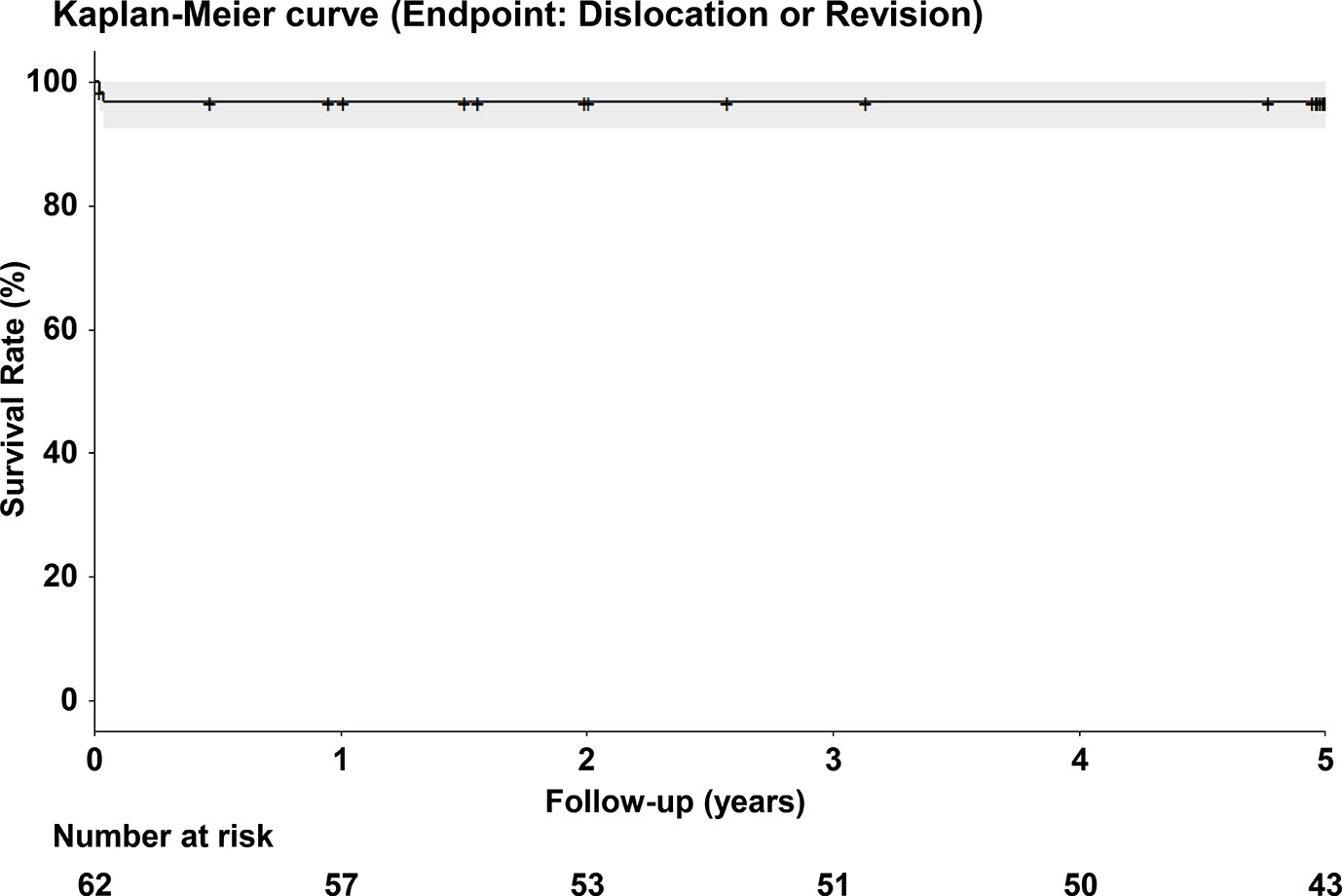 Fig. 4 
          Kaplan-Meier survival curve and 95% CI. The endpoint was dislocation or revision. Patients lost to follow-up (including death) were censored at the date of last contact.
        