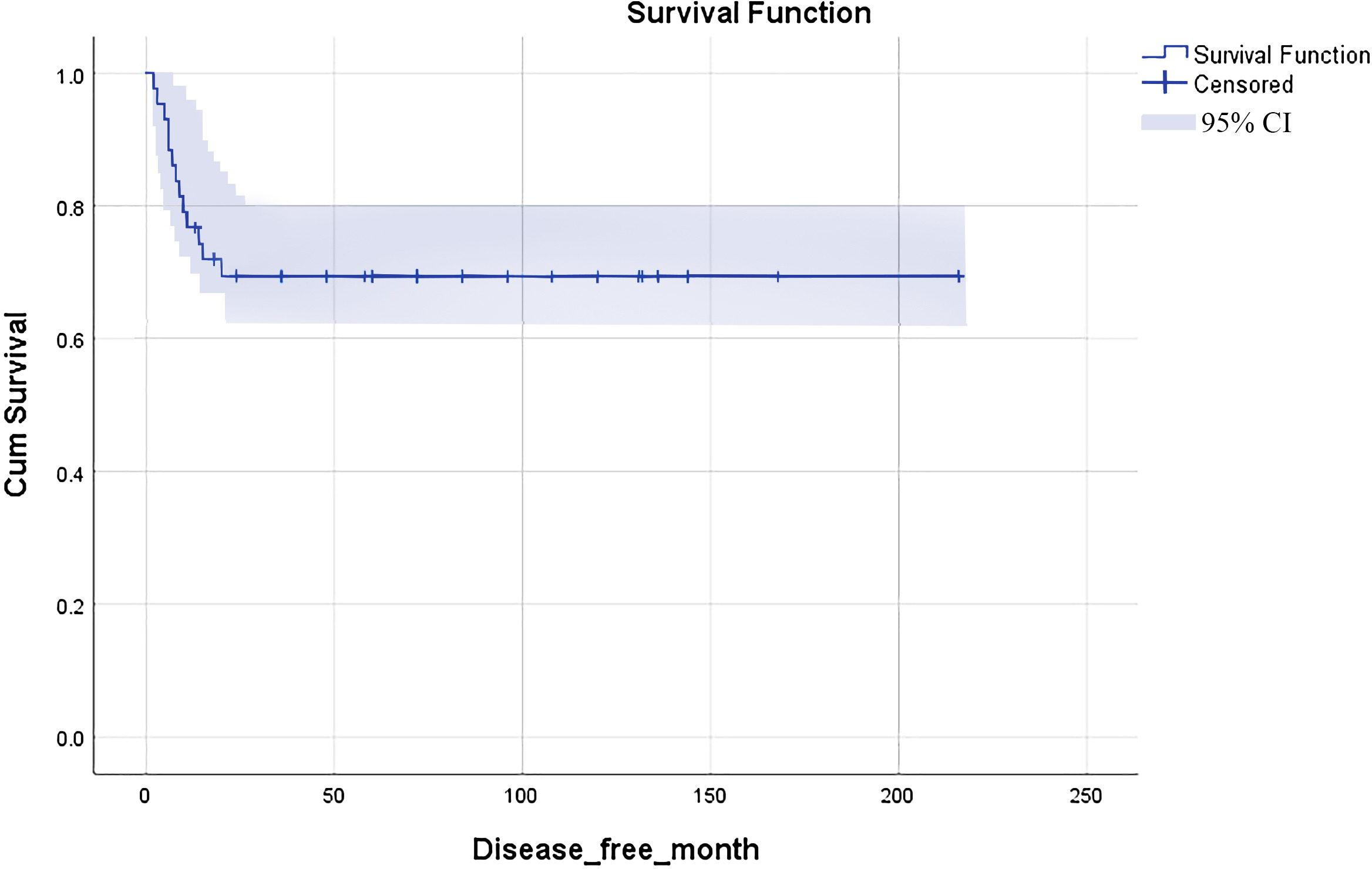 Fig. 5 
            Kaplan Meier curve showing a two-year disease-free survival of 69.4%. CI, confidence interval.
          