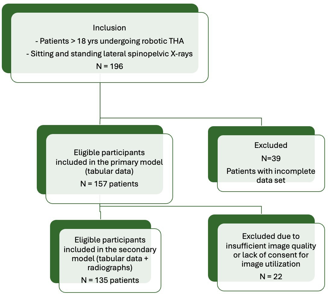 Fig. 2 
          Figure depicting the flow of patients throughout the study and models. THA, total hip arthroplasty.
        