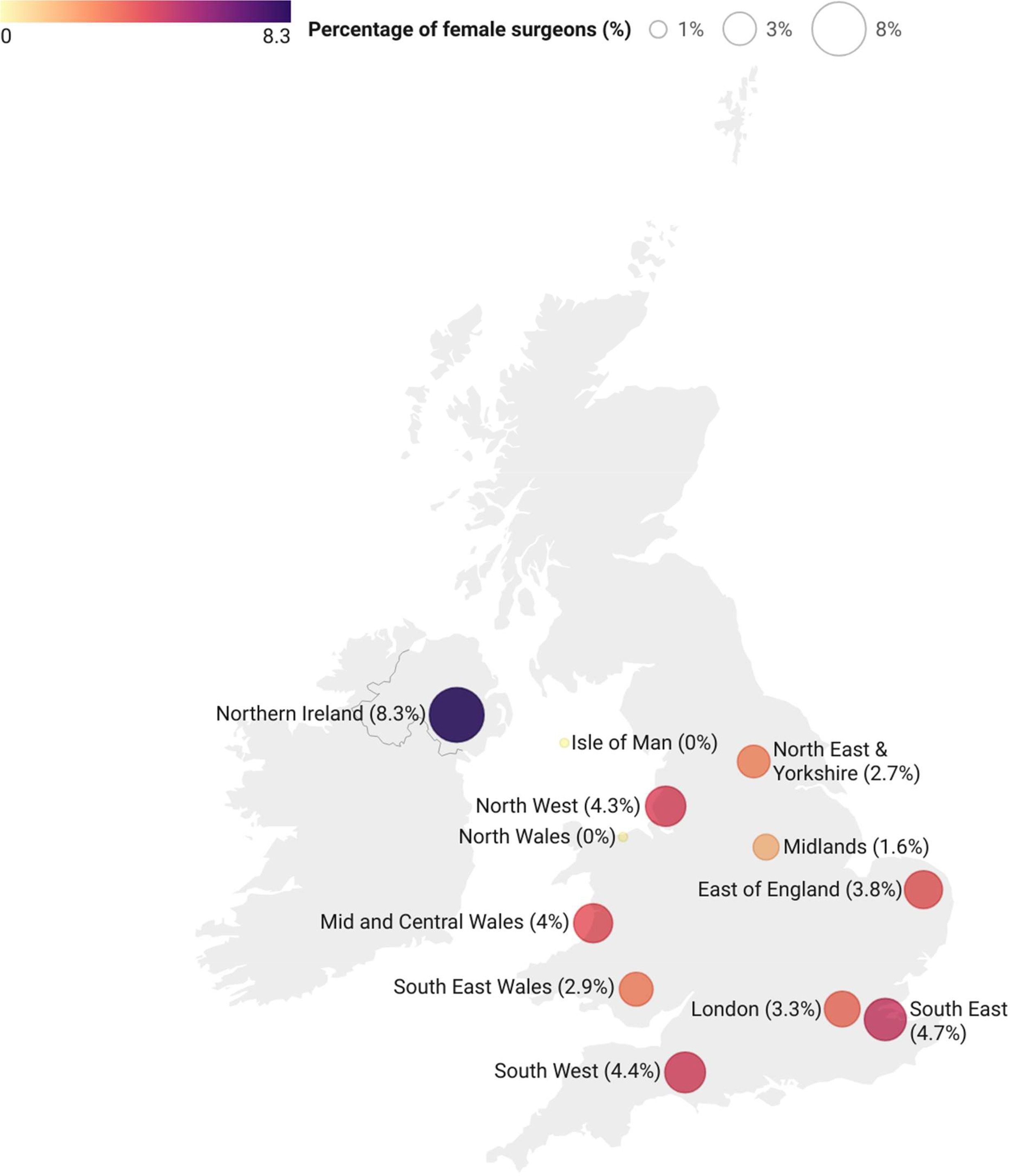 Fig. 1 
            Percentage of female orthopaedic surgeons according to region.
          