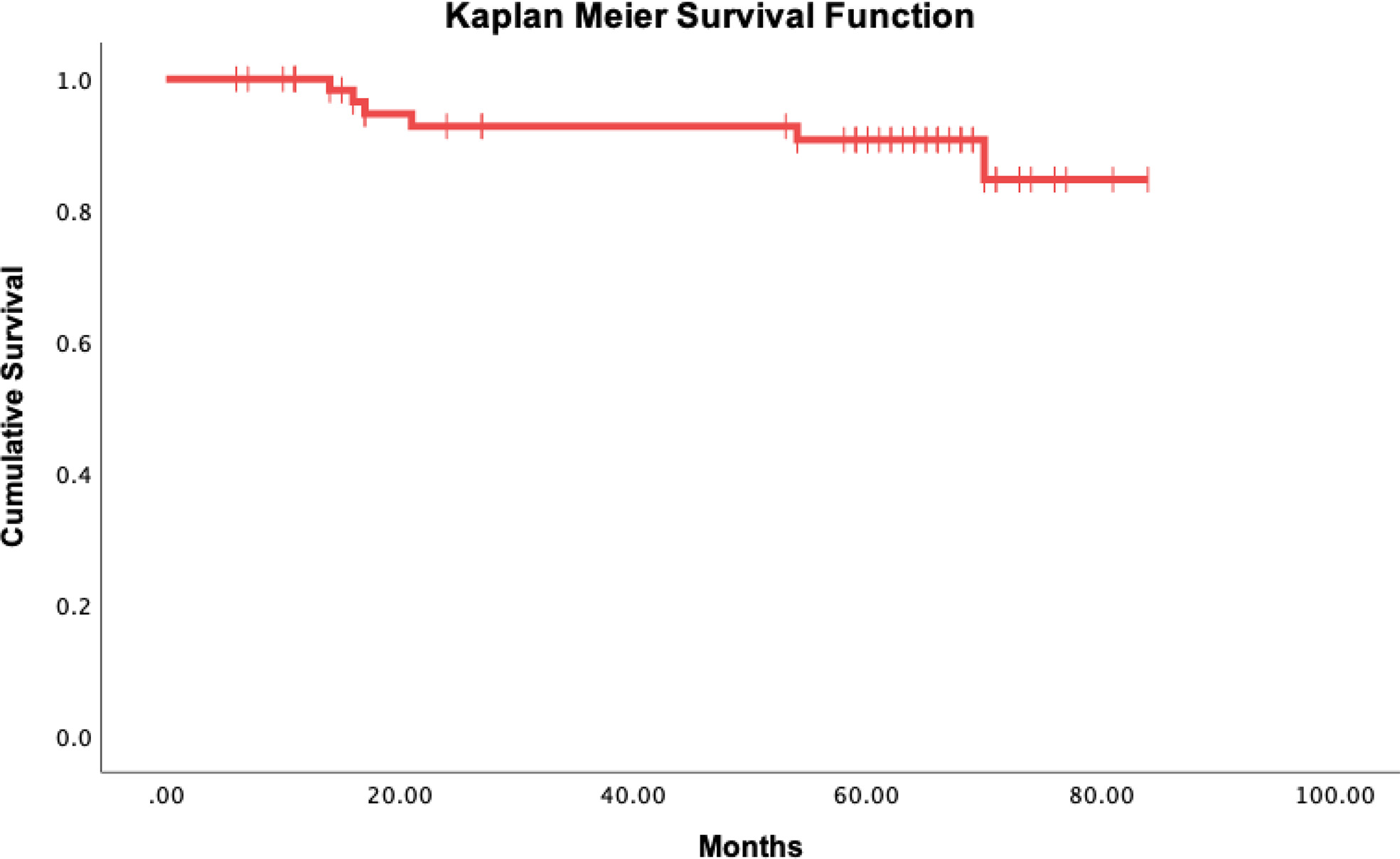 Fig. 1 
            Kaplan-Meier survival estimate of the Cartiva implant. Censored subjects are represented by vertical dash.
          