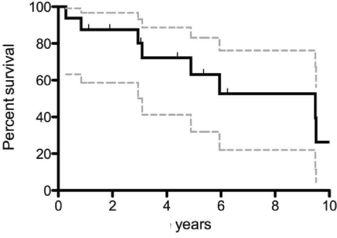 Fig. 4 
            Kaplan-Meier joint survival analysis following septic arthritis of the hip. At one year, the mean survival of hip joints was 87.5% (95% CI 58.6 to 96.7) based on 15 subjects at risk, and by five years was 63.1% (95% CI 31.944 to 83.115) based on eight subjects at risk.
          