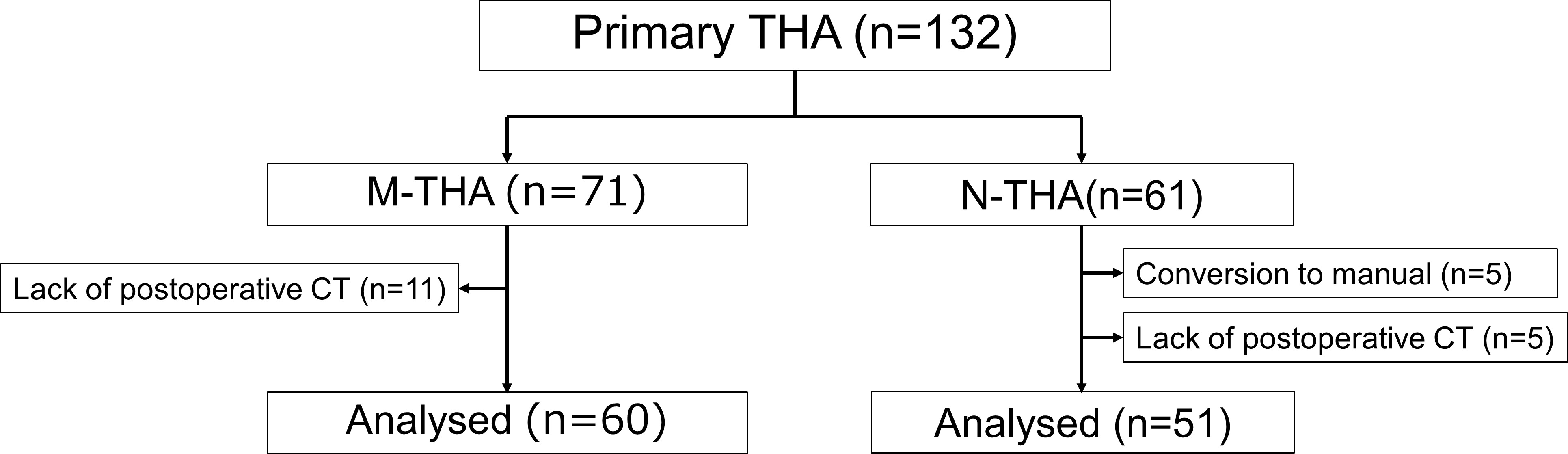 Fig. 1 
            Flowchart depicting the total number of primary total hip arthroplasties (THAs) performed during the study and the number of hips analyzed in each group. M-THA, manual THA; N-THA, CT-based navigated THA.
          