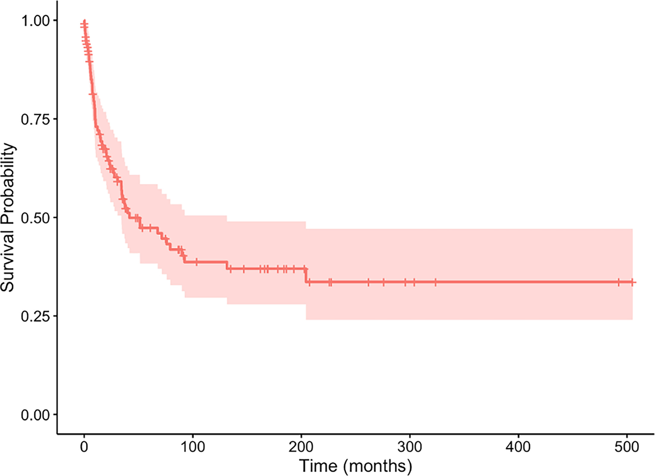 Fig. 1 
            Overall survival of the cohort. The Kaplan-Meier curve (dark red) illustrates the survival of the overall cohort, with the 95% CI represented by the light red shaded area.
          