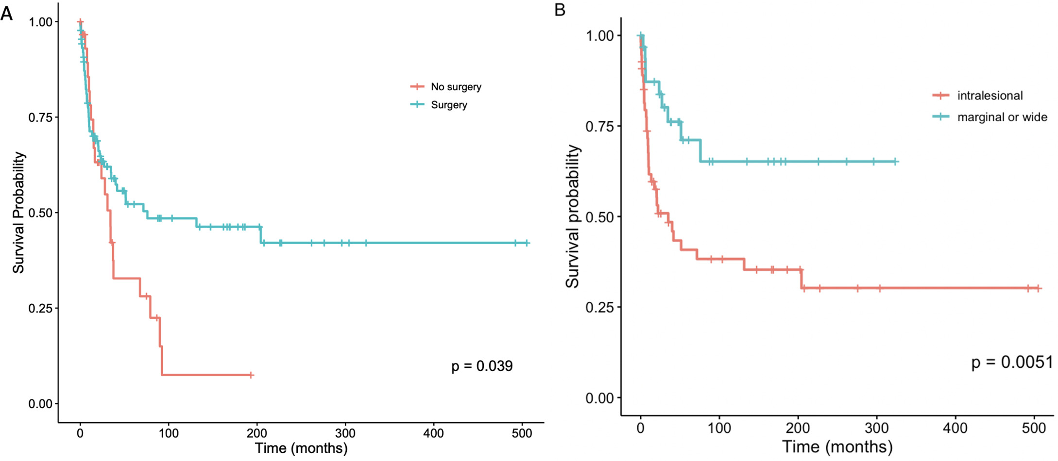 Fig. 3 
            Survival according to a) surgical intervention, and b) the resection margin.
          